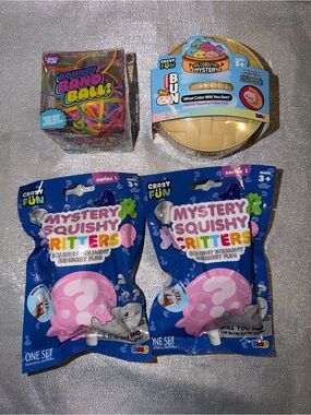 1 Mystery Dumpling, 2 Mystery Squishy Critters Blind Bags & 1 Bouncy Band Ball